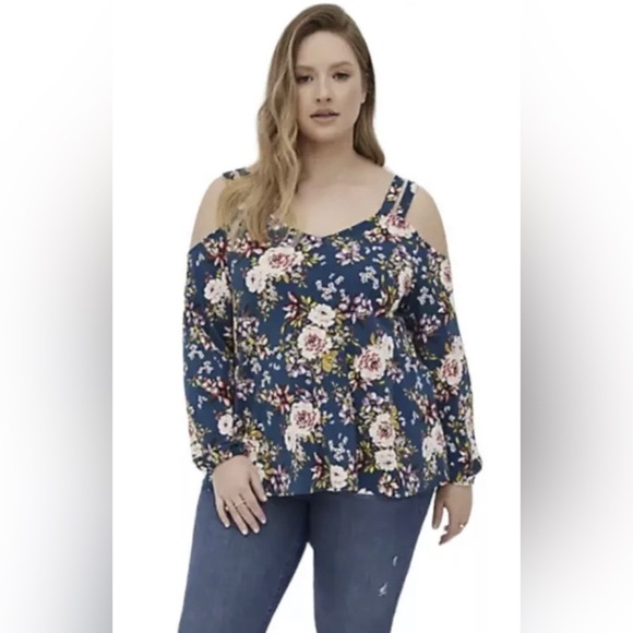Torrid Strappy Cold Shoulder Top Crepe Floral Blue Puff Sleeve Plus Sz 2X - Picture 1 of 7